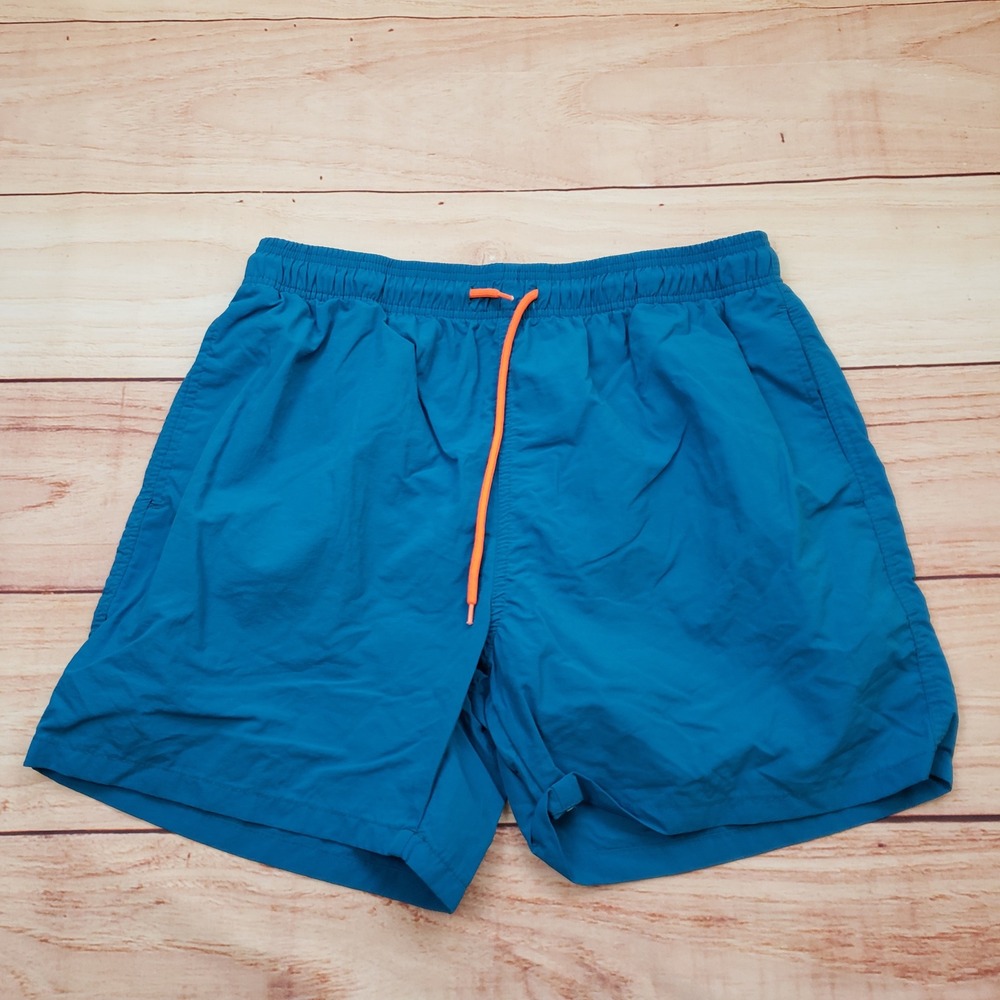 Mens Swim Trunks Large Teal Blue Nylon Mesh Lined Orange‎ Drawstring Shorts